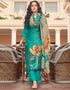 Teal Green Pant style Suit Pure Viscose Silk Salwar Kameez in Digital Print, Handwork & Lace Work