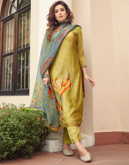 Mustard Pant style Suit Pure Viscose Silk Salwar Kameez in Digital Print, Handwork & Lace Work