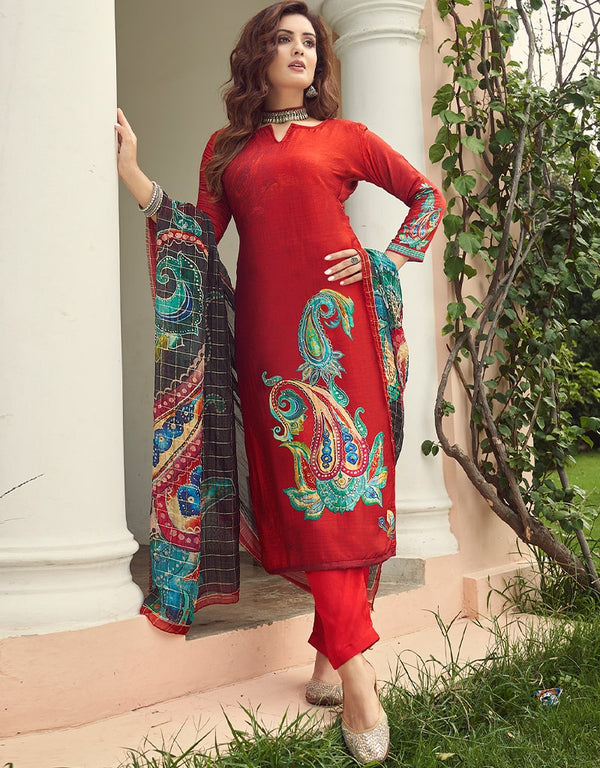 Red Pant style Suit Pure Viscose Silk Salwar Kameez in Digital Print, Handwork & Lace Work