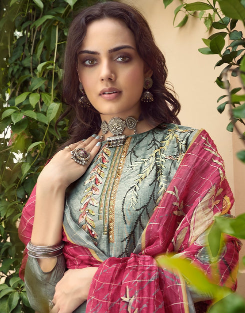 Bluish Grey Palazzo style Suit Pure Viscose Silk Salwar Kameez in Digital Print, Handwork & Lace Work Closure View