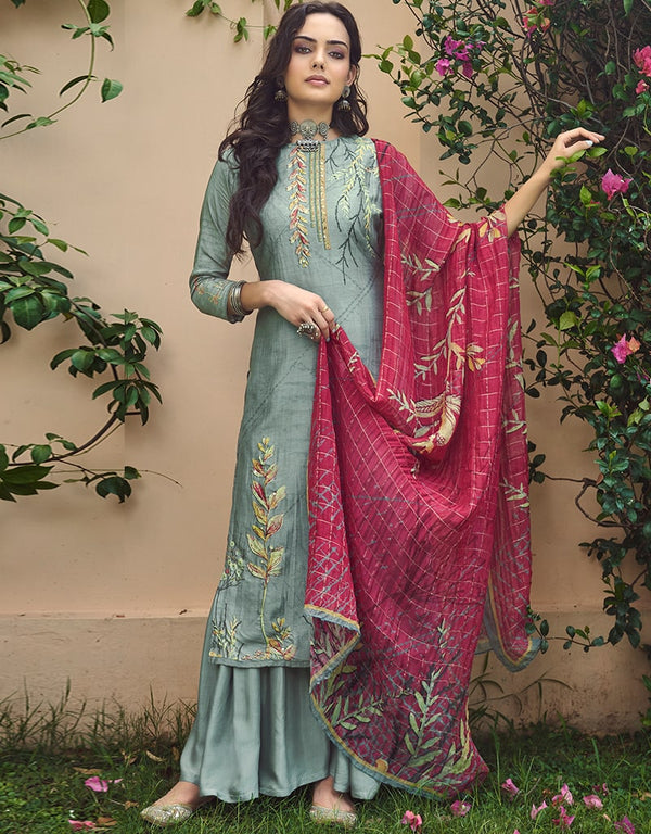 Bluish Grey Palazzo style Suit Pure Viscose Silk Salwar Kameez in Digital Print, Handwork & Lace Work