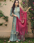 Bluish Grey Palazzo style Suit Pure Viscose Silk Salwar Kameez in Digital Print, Handwork & Lace Work