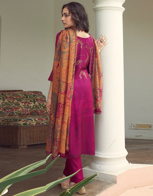 Purple Pant style Suit Pure Viscose Silk Salwar Kameez in Digital Print, Handwork & Lace Work Closure View