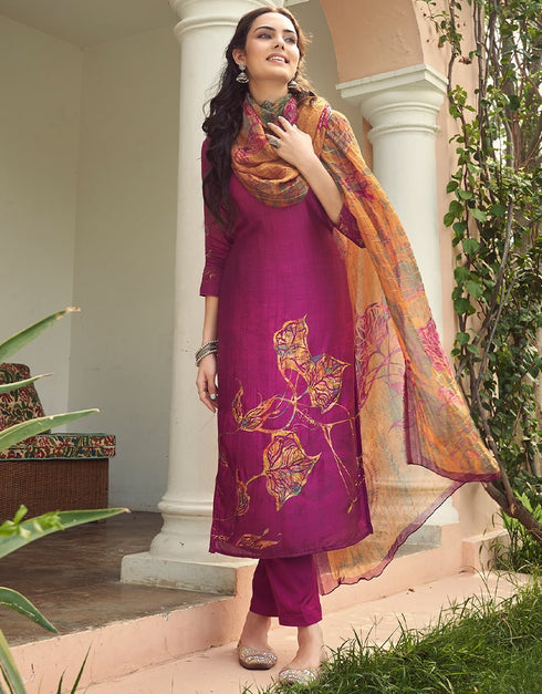 Purple Pant style Suit Pure Viscose Silk Salwar Kameez in Digital Print, Handwork & Lace Work