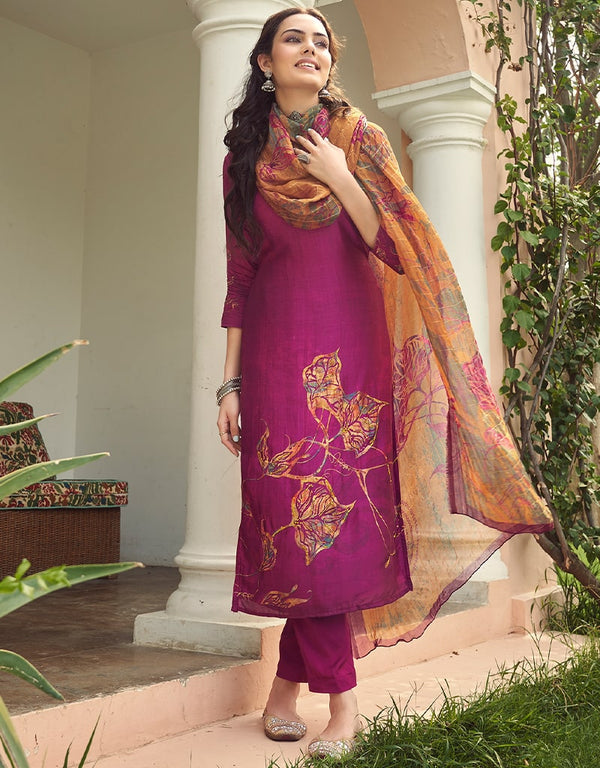 Purple Pant style Suit Pure Viscose Silk Salwar Kameez in Digital Print, Handwork & Lace Work