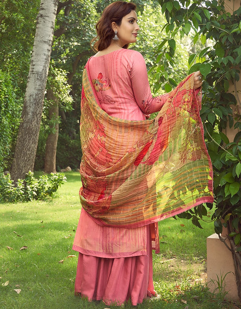 Dusty Pink Palazzo style Suit Pure Viscose Silk Salwar Kameez in Digital Print, Handwork & Lace Work Closure View