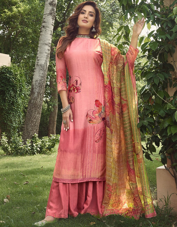Dusty Pink Palazzo style Suit Pure Viscose Silk Salwar Kameez in Digital Print, Handwork & Lace Work