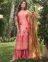 Dusty Pink Palazzo style Suit Pure Viscose Silk Salwar Kameez in Digital Print, Handwork & Lace Work