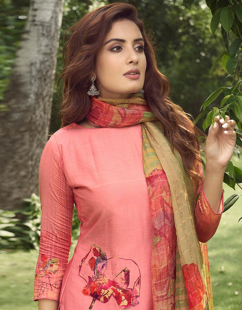 Dusty Pink Palazzo style Suit Pure Viscose Silk Salwar Kameez in Digital Print, Handwork & Lace Work Closure View Embroidery