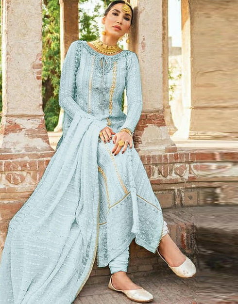 Sky Blue Fox Georgette Chudidar Salwar Suit Closure View