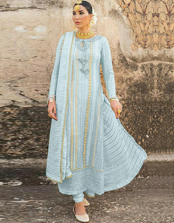 Sky Blue Fox Georgette Chudidar Salwar Suit