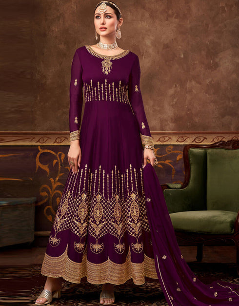 Real Blooming Georgette Purple Salwar Kameez Suit Anarkali Bottom