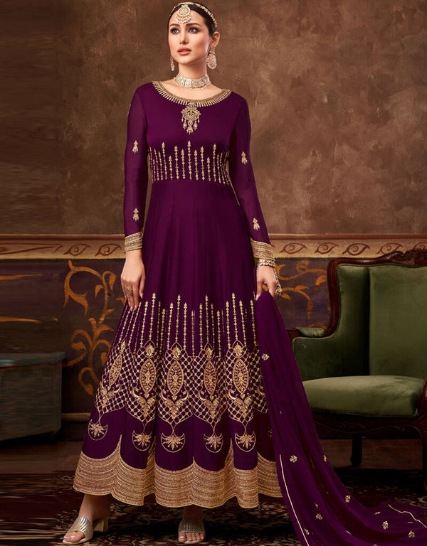 Real Blooming Georgette Purple Salwar Kameez Suit Anarkali Bottom