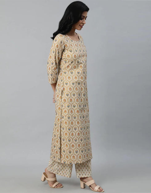 Beige Pure Cotton Palazzo Suit Closure View
