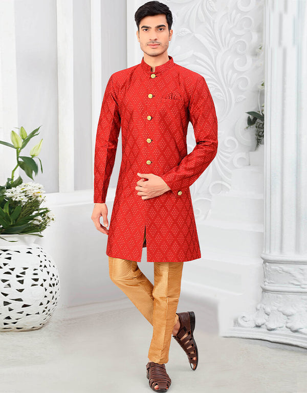 Red Kurta Jacquard Trouser