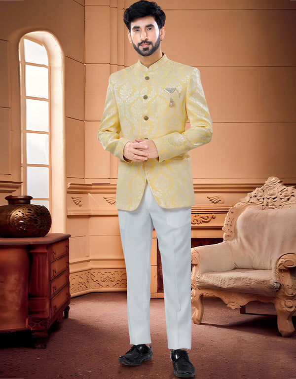 Yellow Kurta Woven Jacquard Trouser
