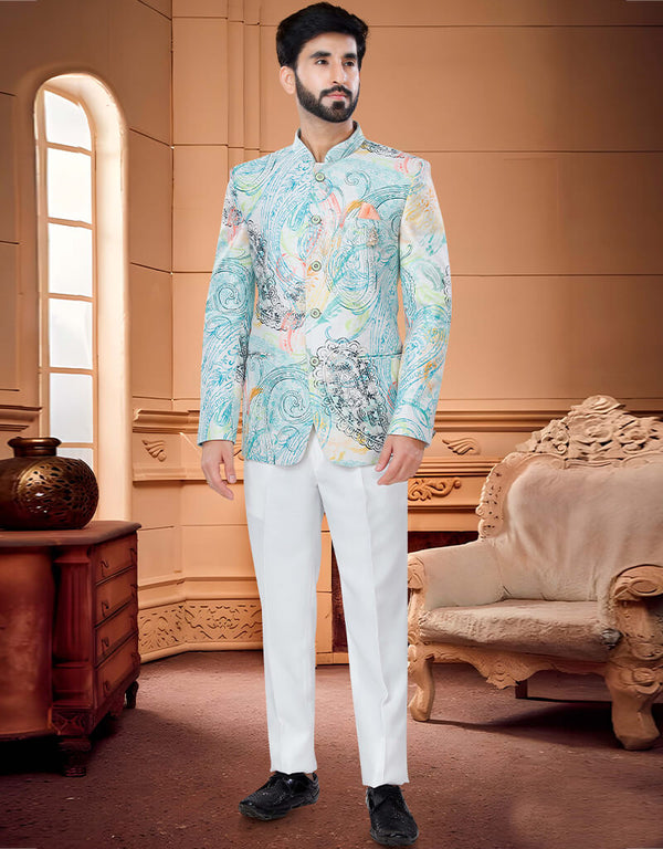White Base White Multi Print Kurta Satin Swad Trouser