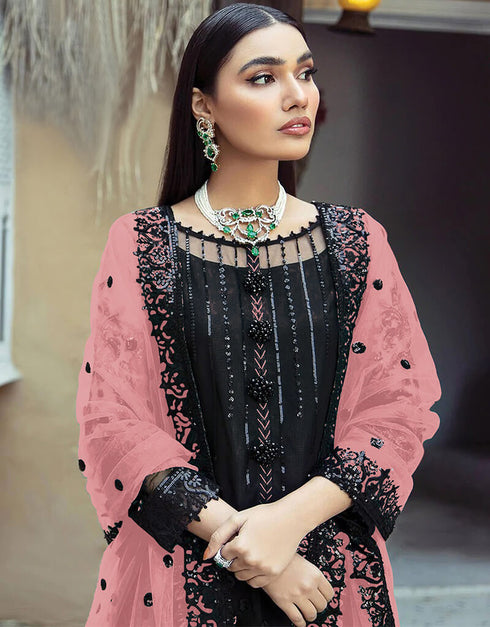 Black Faux Georgette Palazzo Salwar Suit Closure View