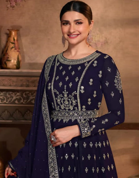 Navy Blue Georgette Anarkali Salwar Suit Closure View