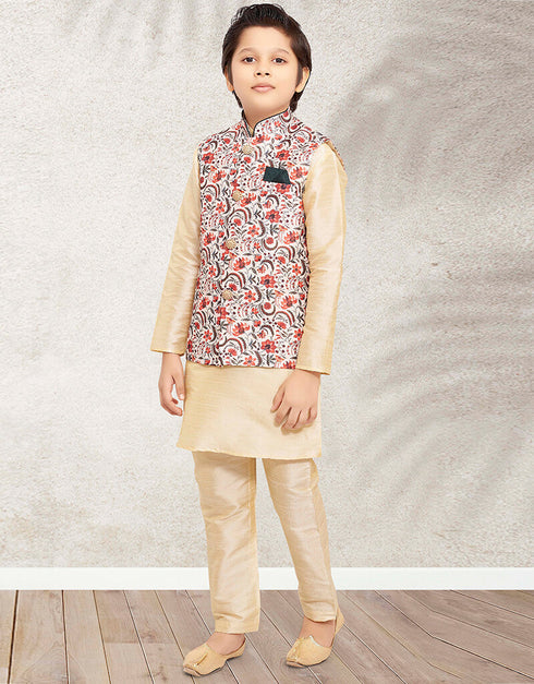 Cream Kurta Pajama Print On Banarasi Silk Closure View