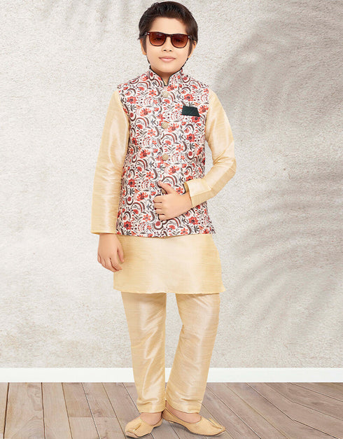 Cream Kurta Pajama Print On Banarasi Silk