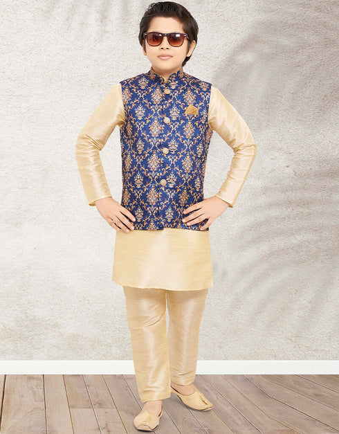 Cream Kurta Pajama Print On Banarasi Silk