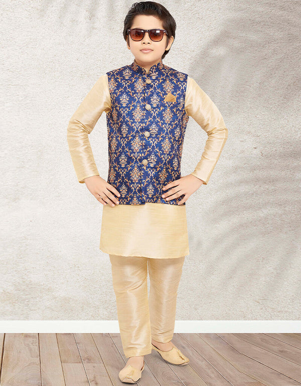 Cream Kurta Pajama Print On Banarasi Silk