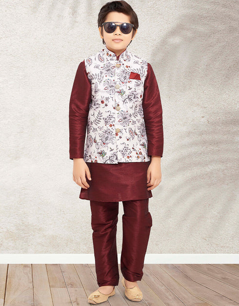 Maroon Kurta Pajama Print On Banarasi Silk