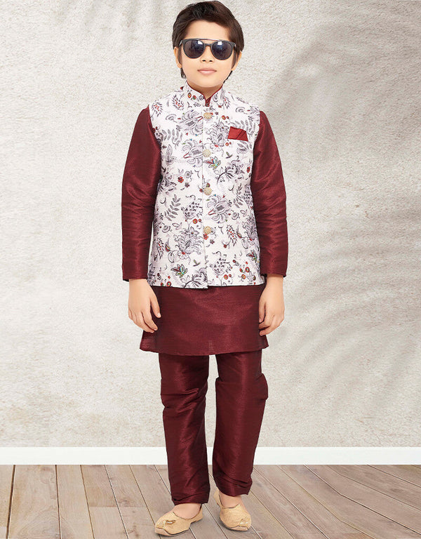 Maroon Kurta Pajama Print On Banarasi Silk