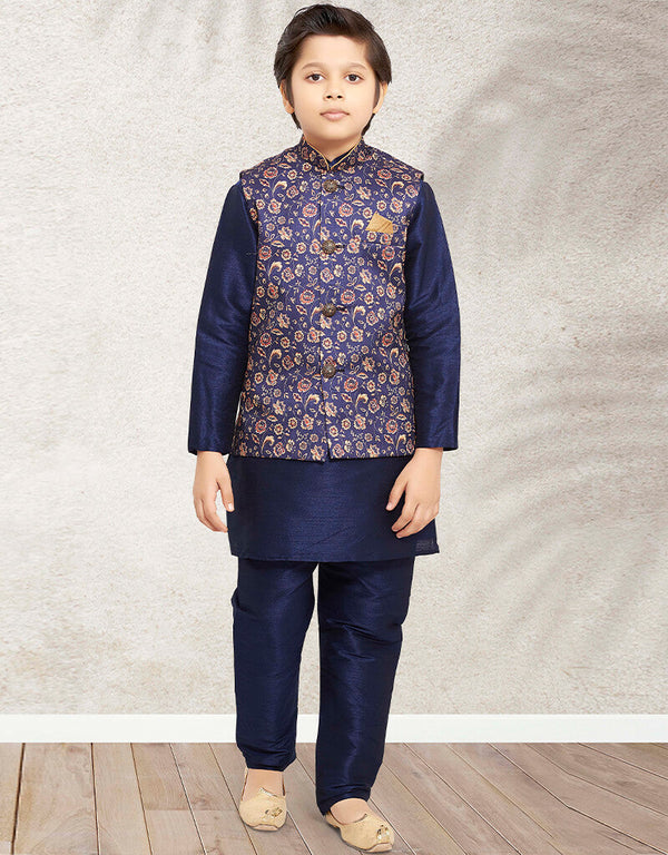 Navy Blue Kurta Pajama Print On Banarasi Silk