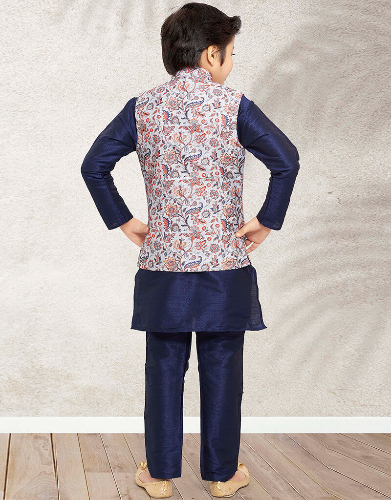 Navy Blue Kurta Pajama Printed Cotton Silk main image 1