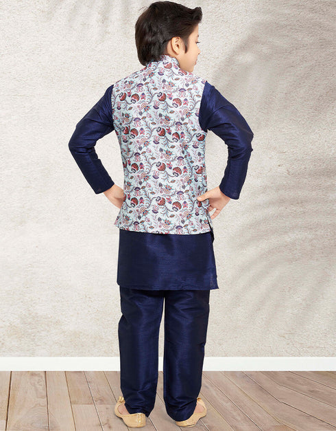 Navy Blue Kurta Pajama Print On Banarasi Silk Closure View