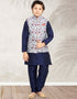 Navy Blue Kurta Pajama Print On Banarasi Silk