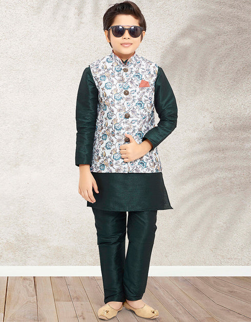 Green Kurta Pajama Print On Banarasi Silk