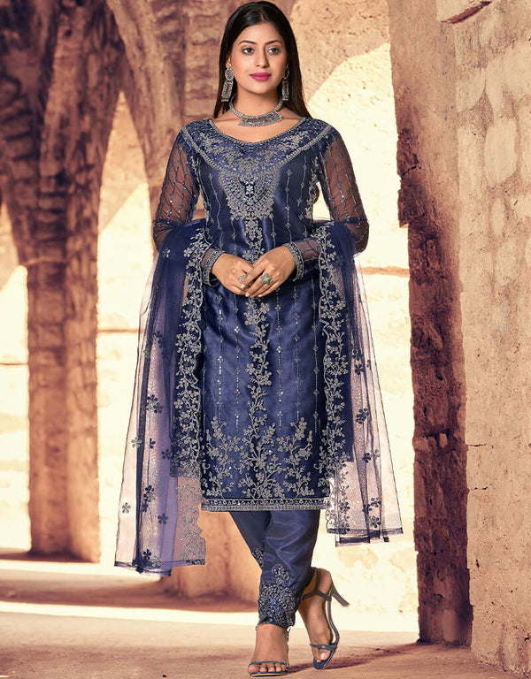 Blue Heavy Net Pant Salwar Suit