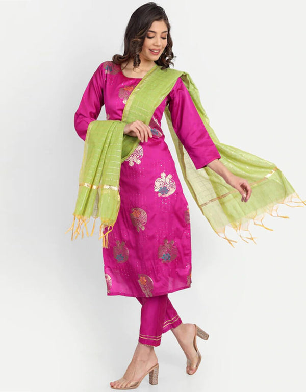 Rani Pink Heavy Silk Pant Salwar Suit