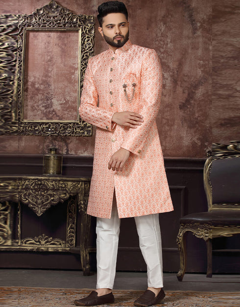Peach Kurta Jacquard Trouser