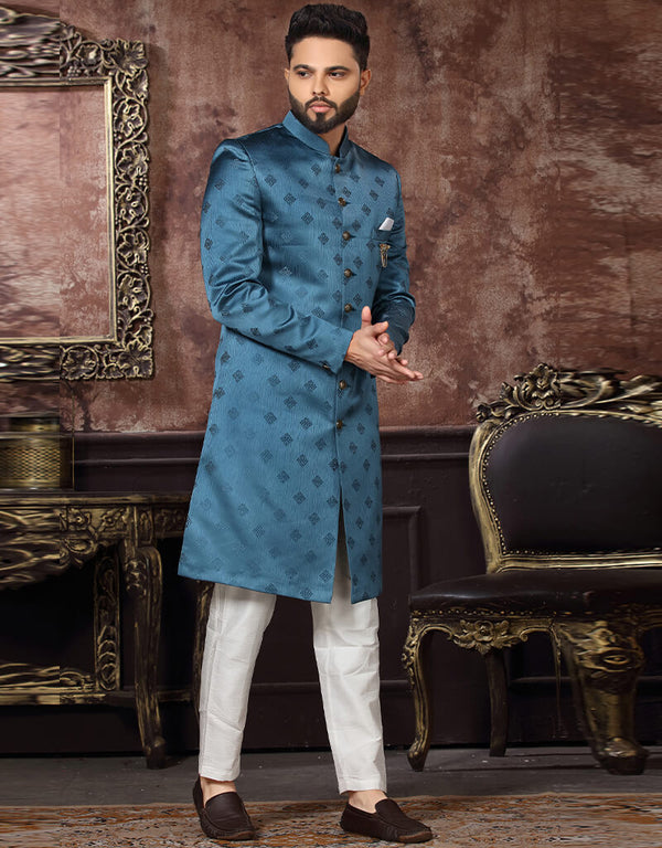 Teal Blue Kurta Jacquard Trouser