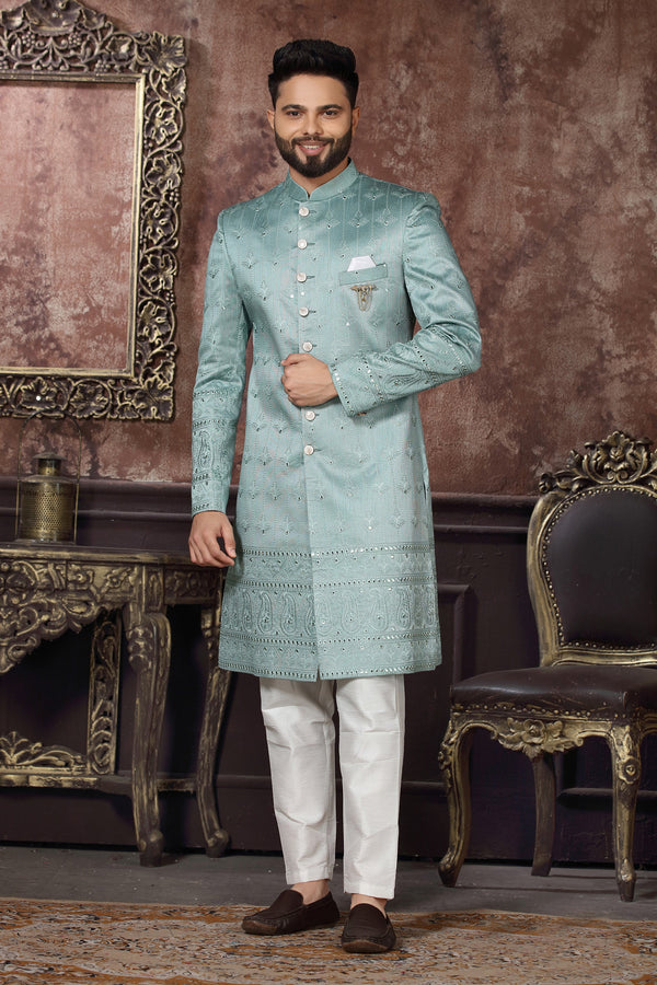 Mint Blue Kurta Jacquard Trouser