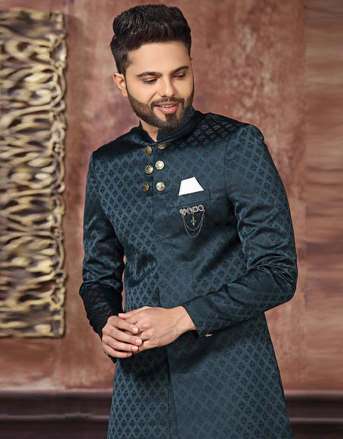 Dark Teal Blue Kurta Jacquard Trouser