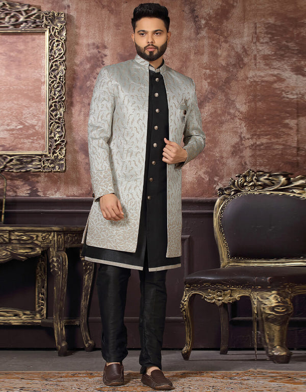 Gray & Black Kurta Art Silk With Embroidery Trouser