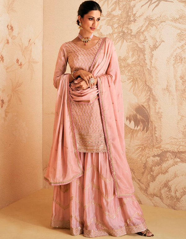 Burning Sand Palazzo style Suit Semi-Stitched Salwar Kameez Salwar Kameez in Embroidery, Sequins & Lace Work