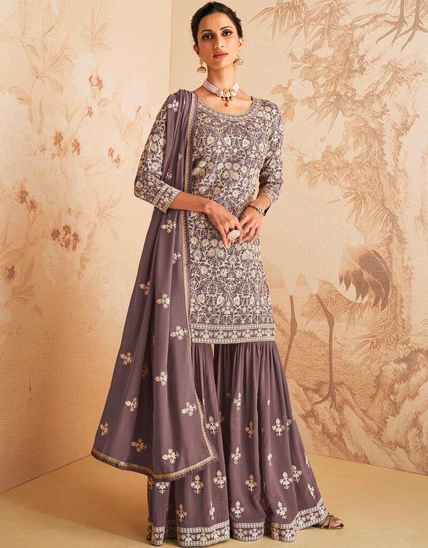 Purple Brown Palazzo style Suit Semi-Stitched Salwar Kameez Salwar Kameez in Embroidery, Sequins & Lace Work