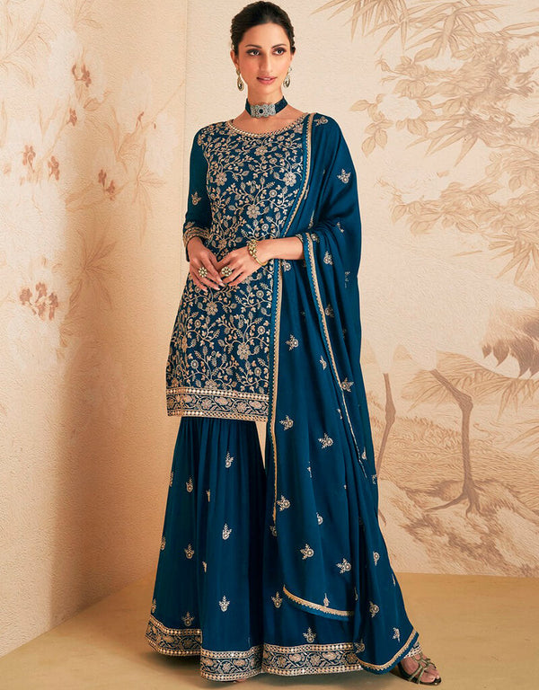 Blue Whale Palazzo style Suit Semi-Stitched Salwar Kameez Salwar Kameez in Embroidery, Sequins & Lace Work