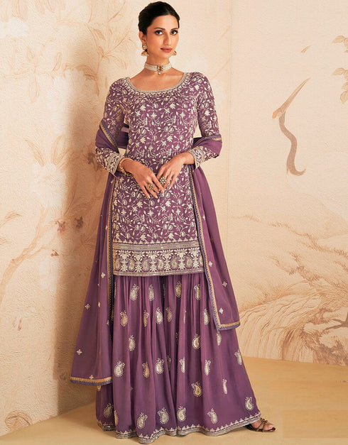 Congo Brown Palazzo style Suit Semi-Stitched Salwar Kameez Salwar Kameez in Embroidery, Sequins & Lace Work