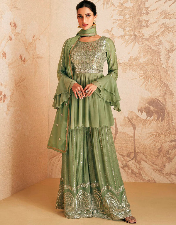 Dark Beige Palazzo style Suit Semi-Stitched Salwar Kameez Salwar Kameez in Embroidery, Sequins & Lace Work