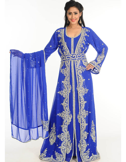 Women Blue Georgette Hand Embroidery Party Wear Kaftan