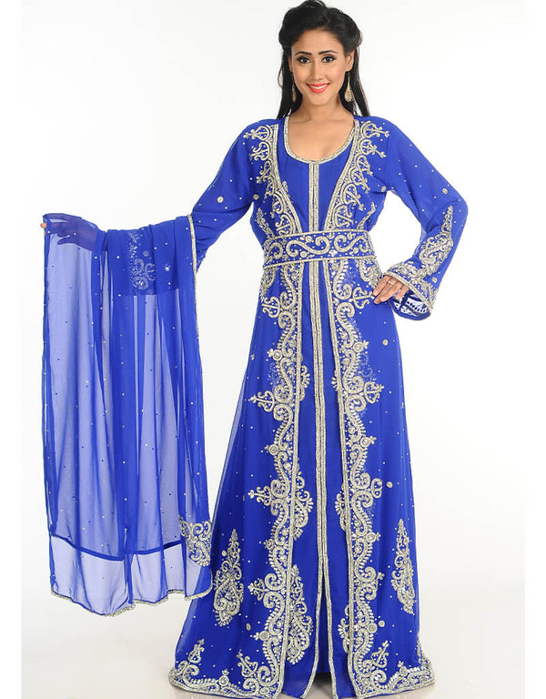 Women Blue Georgette Hand Embroidery Party Wear Kaftan