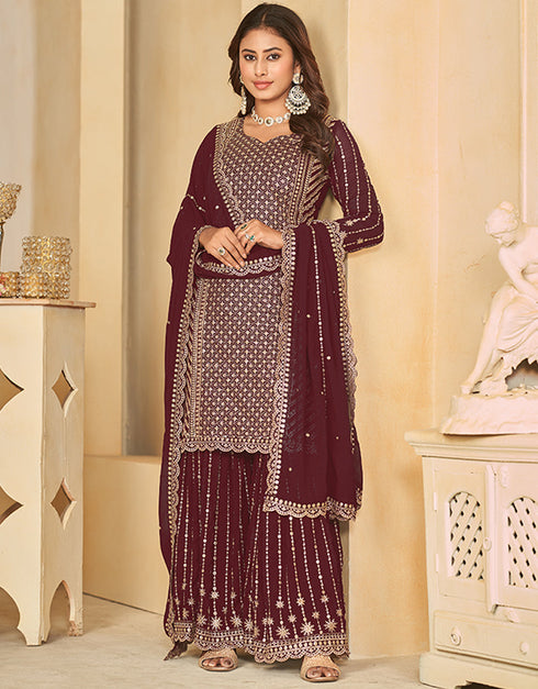 classy deep coffee faux georgette heavy designer wedding wear salwar suit with deep coffee faux georgette df-28-10284 Back View