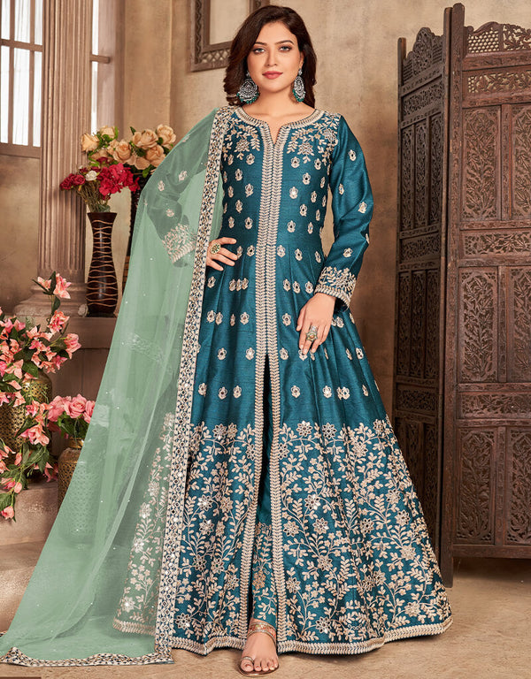 Teal Green Art Silk Pant Suit